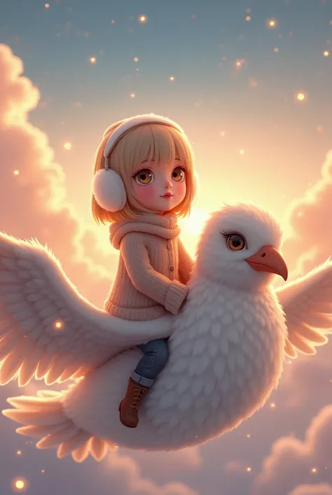 Big Sky、Morning Glow、Mysterious、Girl riding a big bird、Blonde with straight bob style、High image quality、Sparkling、Flickering、Red lips、Eyes are large and light brown-pink、Wool sweater and earmuffs、