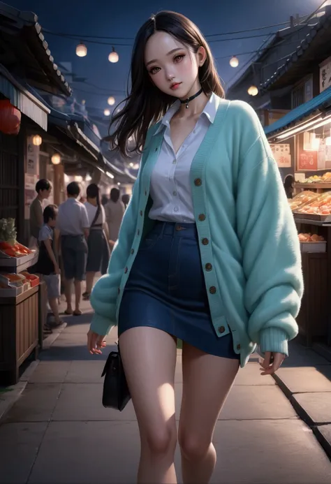 pretty asian woman is walking along night market alley, she is dark-brown slong hair (+forehead), wearing mint-green leather cardigan (+fluffy collared cardigan), light-purple undershirt, navy-blue denim pencil mini skirt, black boot sandals, white choker,...