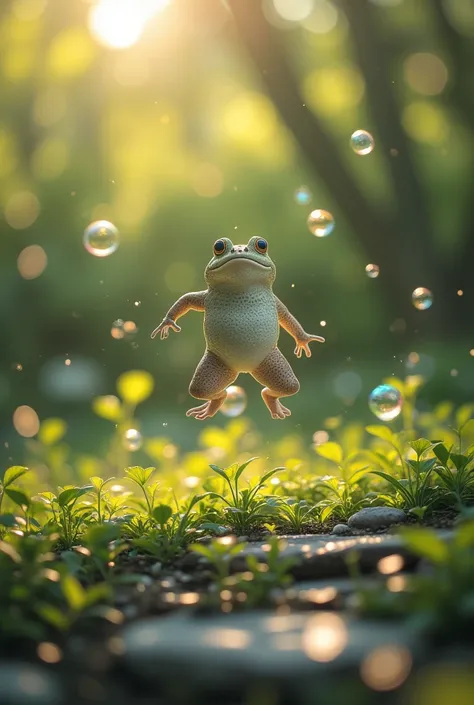 Frog jumping in the air:1.5、The background is the lawn in the garden、Many soap bubbles were blown away by the strong wind、Backlight、Bokeh