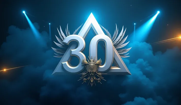 3d Logo with deep detailing, high quality, White Triangle of Victory, number 30, gold, titanium, blue fog, blue haze, in the style of terminator, blue glow, yellow laser beams, blue laser beams, Coat of arms of Konstantin Ostrozhsky