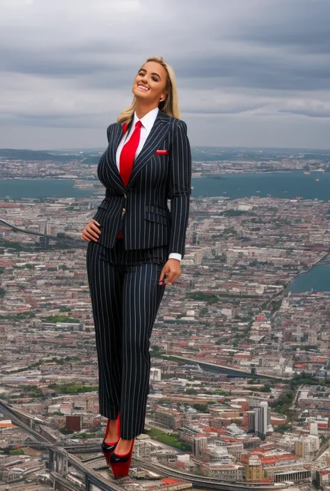 a young giantess woman with beautiful curvy figure, long blonde hair, wearing a grey pinstriped trouser suit and blazer, crisp white shirt, large blade width windsor knot red tie, platform high heels, walking through a miniature city with skyscrapers at he...