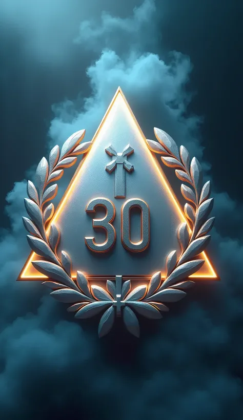 3d Logo with deep detailing, high quality, White Triangle of Victory, number 30, gold, titanium, blue fog, blue haze, in the style of terminator, Shine, yellow laser beams, white laser beams, Coat of arms of Konstantin Ostrozhsky, medical cross