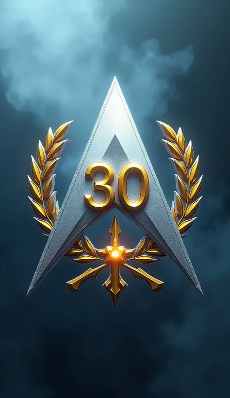 3d Logo with deep detailing, high quality, White Triangle of Victory, number 30, gold, titanium, blue fog, blue haze, in the style of terminator, Shine, yellow laser beams, white laser beams, Coat of arms of Konstantin Ostrozhsky, medical cross