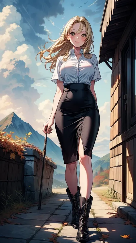 ((((masterpiece, best quality:1.8, high detail)))), (1girl), beautiful woman, bright (brown eyes), large breasts, confident, wide-eyed, smile, solo focus, long hair, (blonde hair), (white button shirt short sleeves open shirt), (black midi pencil skirt), (...