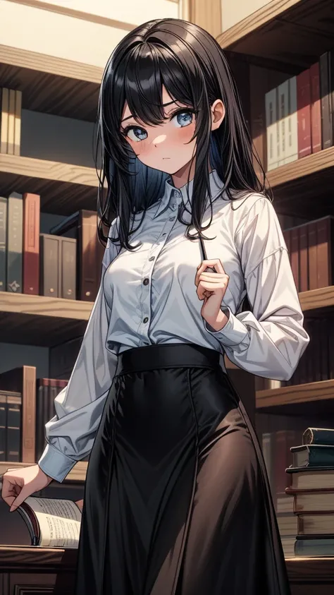 ((((masterpiece, best quality:1.8, high detail)))), (1girl), beautiful woman, bright eyes, looking at viewer, (sleepy), tired, long wavy hair, (dark blue hair), ((white collar shirt long sleeves)), (long black ((maxi)) skirt), (long black skirt:1.6), (long...