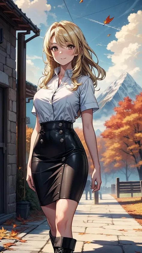 ((((masterpiece, best quality:1.8, high detail)))), (1girl), beautiful woman, bright (brown eyes), large breasts, confident, wide-eyed, smile, solo focus, long hair, (blonde hair), (white button shirt short sleeves open shirt), (black pencil skirt), (mediu...