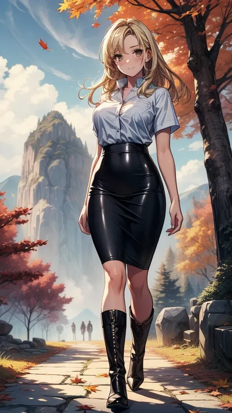 ((((masterpiece, best quality:1.8, high detail)))), (1girl), beautiful woman, bright (brown eyes), large breasts, confident, wide-eyed, smile, solo focus, long hair, (blonde hair), (white button shirt short sleeves open shirt), (black pencil skirt), (mediu...