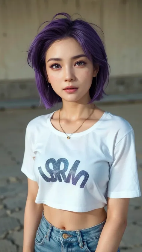 Ayane, purple hair, (best quality, ultra-detailed), (realistic:1.37), beautiful and detailed face, ultra-realistic texture, delicate face, delicate body, red lipstick, long-lasting colors. high definition, 8K. expression with a sexy look