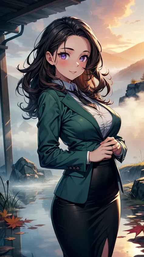 ((((masterpiece, best quality:1.8, high detail)))), (1girl), beautiful woman posing, bright (purple eyes), large breasts, confident, wide-eyed, smile, solo focus, long (wavy hair), (dark brown hair), (hairpin), ((green blazer)), tie, (black midi pencil ((s...