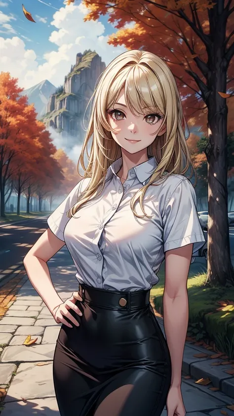 ((((masterpiece, best quality:1.8, high detail)))), beautiful woman, bright (brown eyes), large breasts, confident, smirk, smile, solo focus, long hair, (blonde hair), (white button shirt short sleeves open shirt), (black pencil skirt), (medium black skirt...