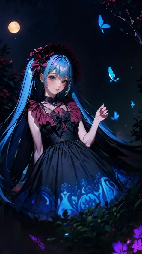 ,dynamic angle、 in the magical forest, a mysterious fairy girl appears, light blue long hair、twin tails、adorable smile、the moonl...