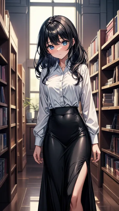 ((((masterpiece, best quality:1.8, high detail)))), (1girl), beautiful woman, bright eyes, looking at viewer, (sleepy), tired, long wavy hair, (dark blue hair), ((white collar shirt long sleeves)), (long black ((maxi)) skirt), (long black skirt:1.4), (long...