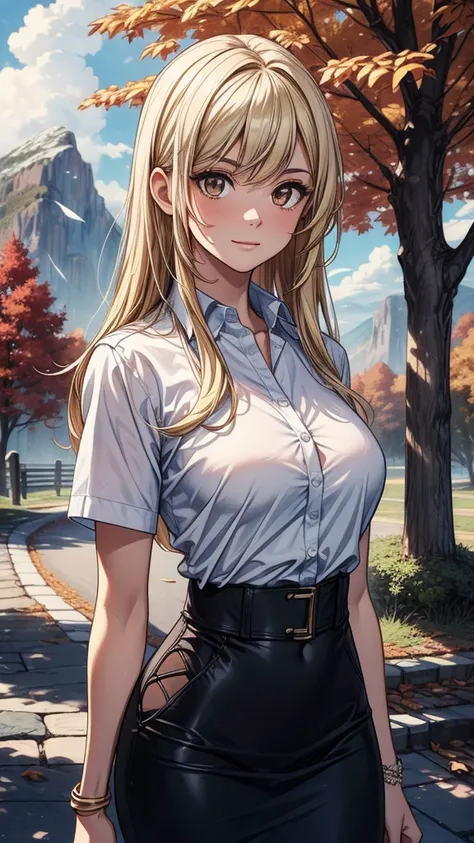 ((((masterpiece, best quality:1.8, high detail)))), beautiful woman, bright (brown eyes), large breasts, confident, smirk, solo focus, long hair, (blonde hair), (white button shirt short sleeves open shirt), (black pencil skirt), (medium black skirt), slim...