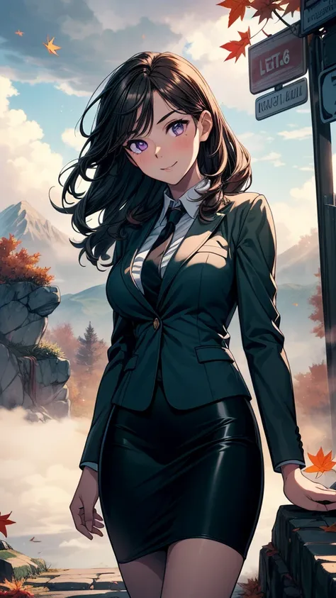 ((((masterpiece, best quality:1.8, high detail)))), (1girl), beautiful woman posing, bright (purple eyes), large breasts, confident, wide-eyed, smile, solo focus, long (wavy hair), (dark brown hair), (hairpin), ((green blazer)), tie, (black midi pencil ((s...