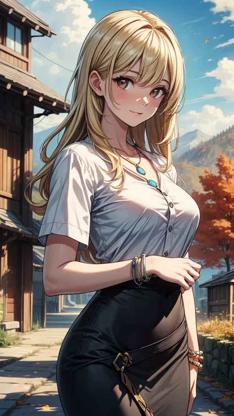 ((((masterpiece, best quality:1.8, high detail)))), beautiful woman, bright (brown eyes), large breasts, confident, smirk, solo focus, long hair, (blonde hair), (white button shirt short sleeves open shirt), (black midi pencil skirt), (medium black skirt),...