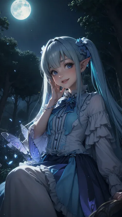 ,Dynamic Angle、 In the magical forest, A mysterious fairy girl appears, Light blue long hair、Twin tails、Adorable smile、The moonlight shines brightly. Her skirt, Woven with petals and stardust, Iridescent, Flowering Tree々Flapping among the glowing fireflies...