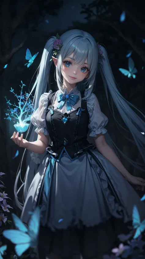 ,dynamic angle、 in the magical forest, a mysterious fairy girl appears, light blue long hair、twin tails、adorable smile、the moonl...