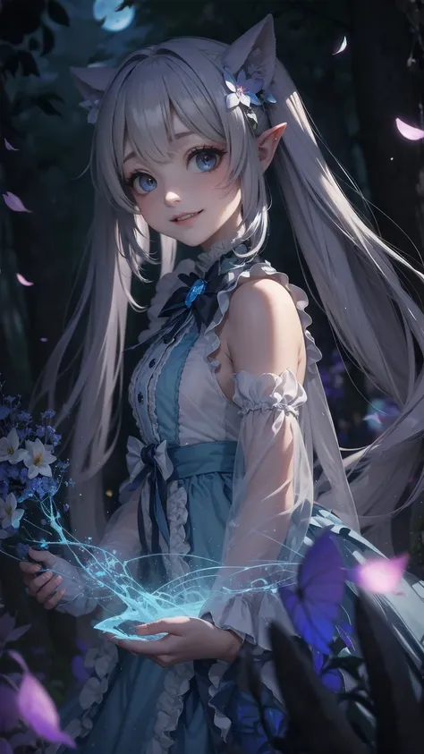 ,Dynamic Angle、 In the magical forest, A mysterious fairy girl appears, Light blue long hair、Twin tails、Adorable smile、The moonlight shines brightly. Her skirt, Woven with petals and stardust, Iridescent, Flowering Tree々Flapping among the glowing fireflies...