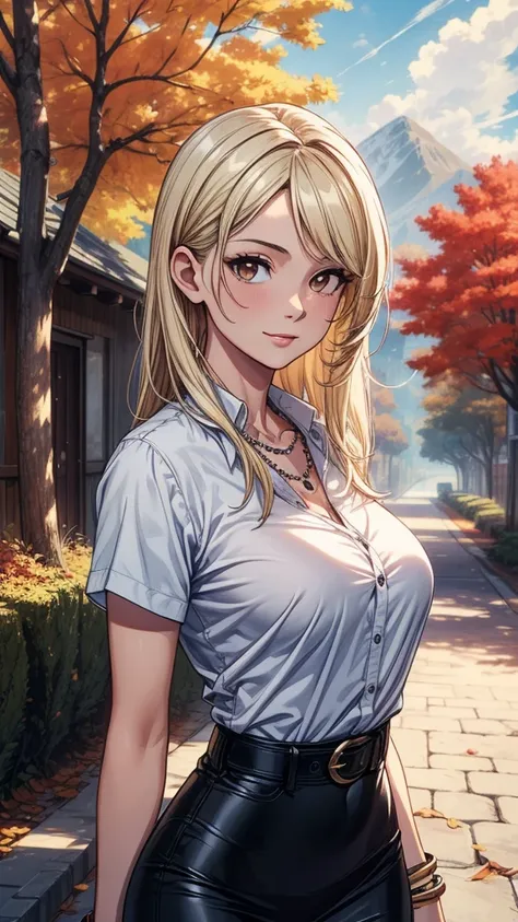 ((((masterpiece, best quality:1.8, high detail)))), beautiful woman, bright (brown eyes), large breasts, confident, smirk, solo focus, long hair, (blonde hair), (white button shirt short sleeves open shirt), (black pencil skirt), (medium black skirt), slim...