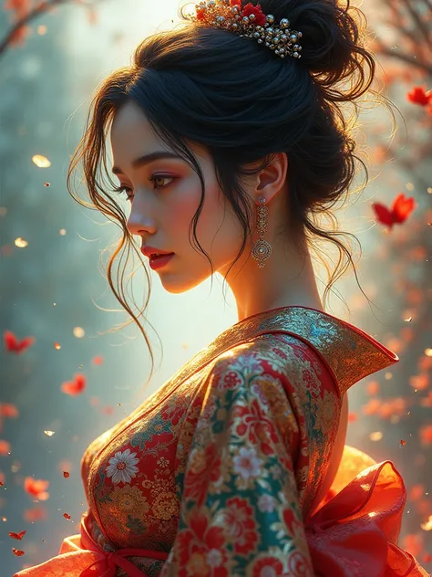 (masterpiece, Best Quality, Best Quality, official art, Beautiful and aesthetic:1.2), (One girl:1.3), Very detailed,(Fractal Art:1.1),(colorful:1.1),Best Details,(Tangled:1.2), (Dynamic pose), (Abstract background:1.5), (Japanese Dress:1.2), (Shiny skin), ...