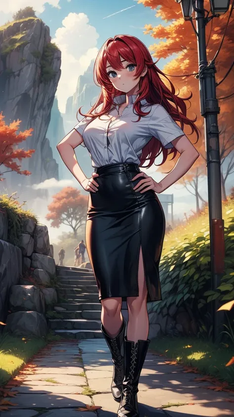 ((((masterpiece, best quality:1.8, high detail)))), (1girl), beautiful woman, large breasts, solo focus, long hair, (red hair), (white button shirt short sleeves open shirt), (black pencil skirt), (medium black skirt), boots, slim body, sidewalk, tree, fal...