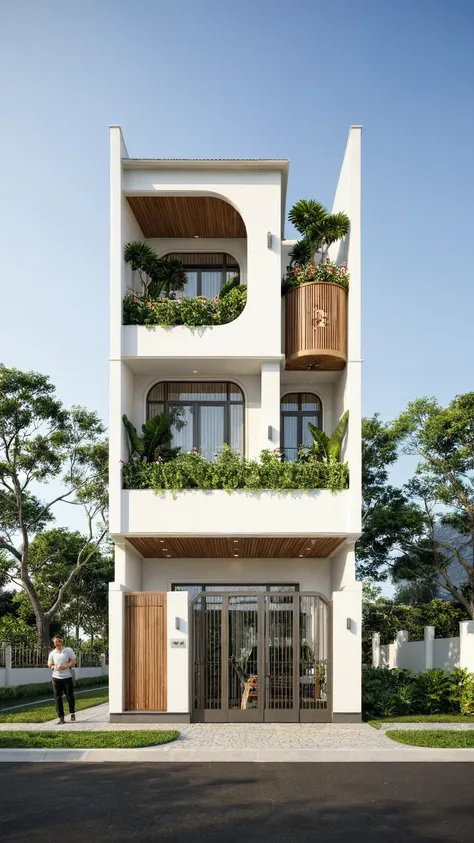 the tall and narrow 3-storey house is modernly designed, with steel gates and wooden details. the outside is painted white, the ...