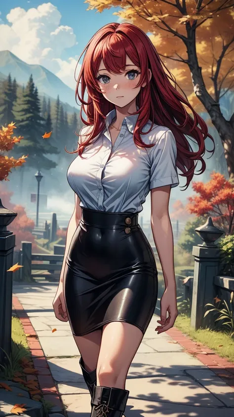 ((((masterpiece, best quality:1.8, high detail)))), (1girl), beautiful woman, large breasts, solo focus, long hair, (red hair), (white button shirt short sleeves open shirt), (black pencil skirt), (long black skirt), boots, slim body, sidewalk, tree, fall,...