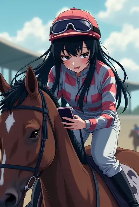 black-haired woman. Anime illustration of a horse racing jockey. He is riding a horse and holding a smartphone in his hand. She is looking at her smartphone with a creepy face. masterpiece, best quality, extremely detailed CG unity 8k wallpaper,