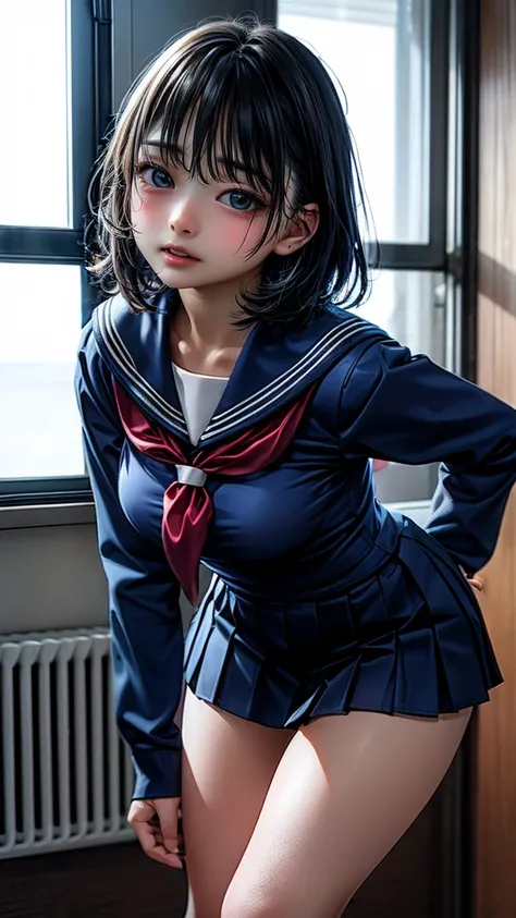 Viewer discretion advised,Please redeem, 4K, High resolution, whole body、Very detailed, Realistic:1.37, NFSW, Studio Lighting, Vibrant colors,cute、Junior high school students、1 person、Bobcut、Beautiful black hair、Sharp Face、(Navy sailor suit:1.4)、(Wear a ja...