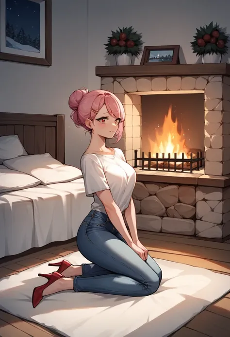 score_9, score_8_up, score_7_up, score_6_up, score_5_up, score_4_up, source_anime,1girl, pink hair, bed, winter, fireplace, hair bun, long hair, hairpins, jewelry, gray eyes, clean hair, shirt, jeans, high heels, room, kneeling, kneels, shinbari, best qual...