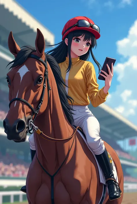 black-haired woman. Anime illustration of a horse racing jockey. He is riding a horse and holding a smartphone in his hand. She is looking at her smartphone and smiling. masterpiece, best quality, extremely detailed CG unity 8k wallpaper,