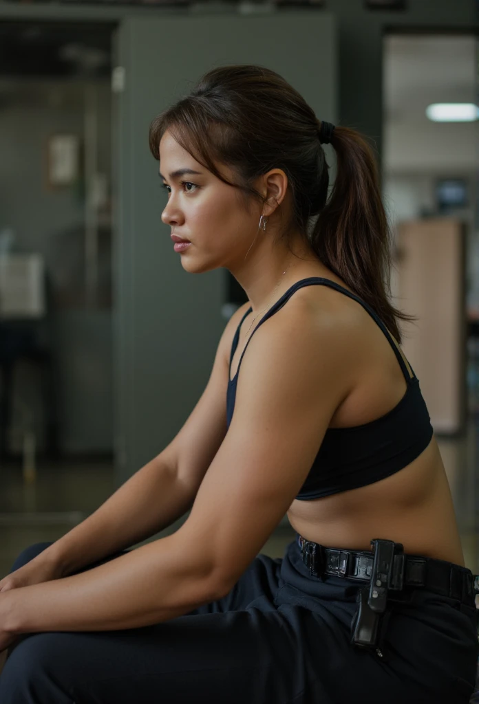 Athletic beautiful asian female police officer wearing sports bra and police pants and police belt taking a break at police station. Thick upper arms. Photograph