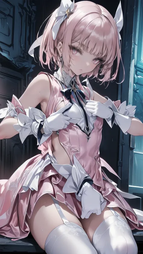 (Highly detailed eyes), (((Fabric Shading))), (((Please redeem))), (((Tabletop))), (((Super fine CG))), Written boundary depth, Age 15, (((Magical Girl))), (small), (small breasts), Pink Hair, ((short hair)), Pink Eyes, (((Pink satin dress, Sleeveless sati...