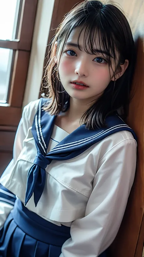 Please be careful when viewing,Please redeem, 4K, High resolution, (whole body)、Very detailed, Realistic:1.37, NFSW, Studio Lighting, Vibrant colors,cute、Junior high school students、1 person、Bobcut、Beautiful black hair、Sharp Face、(Navy Sailor Suit:1.4)、(We...