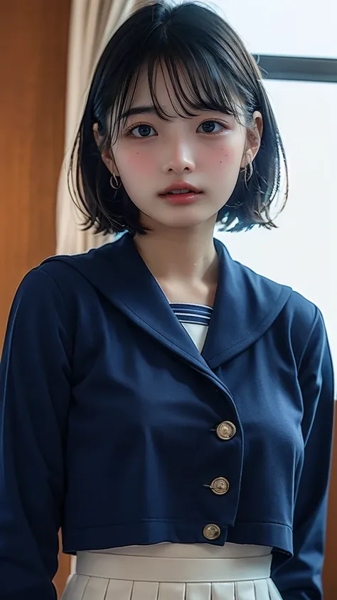 Please be careful when viewing,Please redeem, 4K, High resolution, (whole body)、Very detailed, Realistic:1.37, NFSW, Studio Lighting, Vibrant colors,cute、Junior high school students、1 person、Bobcut、Beautiful black hair、Sharp Face、(Navy Sailor Suit:1.4)、(We...