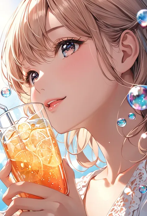 (masterpiece、high quality、High resolution、high quality、Aesthetic Sense：1.2)、(One beautiful woman)、(Fractal Art：2.0)、beautiful girl、Drink a carbonated drink in one gulp while looking up、Carbonated bubbles popping in a glass、Drink with relish、Countless fizzy...