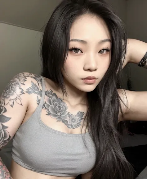 arafed woman with a tattoo on her arm and a gray tank top, of taiwanese girl with tattoos, 2 , 21 years old, inked, 2 , she is about 2 0 years old, she is about 20 years old, with tattoos, 2 , asian features, she is about 2 