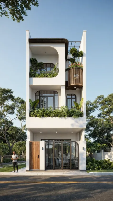 the 2-story, 1-story house has a high and narrow terrace with modern design, steel gates and wooden details. the outside is pain...