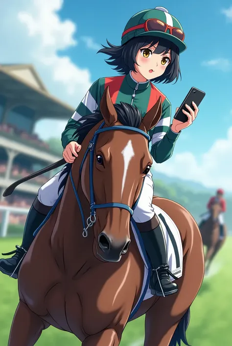 A woman with short black hair. Anime illustration of a horse racing jockey. He is riding a horse and holding a smartphone in his hand. She is looking at her smartphone. masterpiece, best quality, extremely detailed CG unity 8k wallpaper,