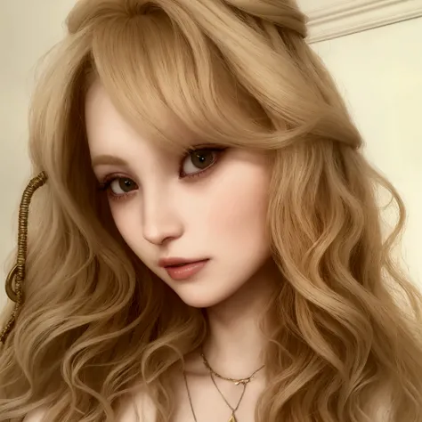 blond haired woman with long wavy hair and a necklace, portrait of kim petras, pale skin curly blond hair, curly blonde hair | d & d, blonde hair and large eyes, a girl with blonde hair, long blonde hair and large eyes, bangs and wavy hair, katherine mcnam...