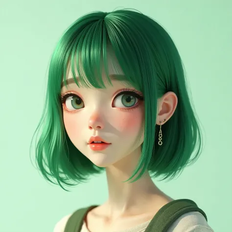 chest, One girl, High resolution, Green Hair, Bob Hair, Earrings, Simple Background, 8K Octane, 