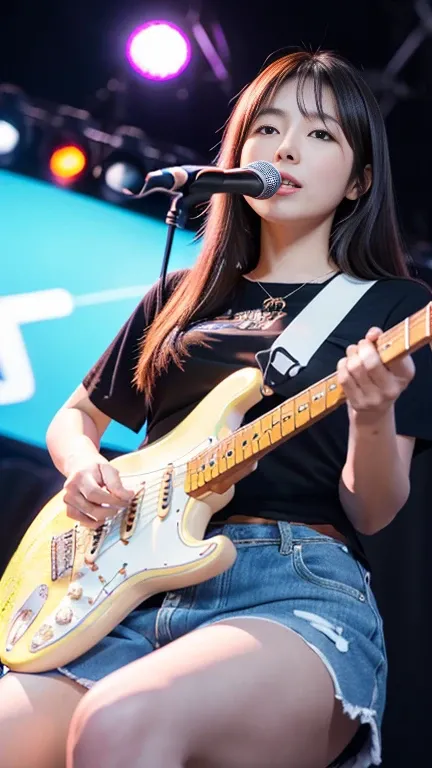 (Beautiful Japanese woman playing a Fender Stratocaster on stage at an outdoor event)、Outdoor Live、(Best Quality、8k、RAW Photos)、(Genuine:1.2) 、(25 year old Japanese beauty:1.2、Idol&#39;Face:1.3) 、Head to knees portrait、View from behind、((Tight T-shirt）、(Le...