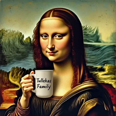 The famous portrait of the Mona Lisa holding a personalized mug with the name Tullekas Family