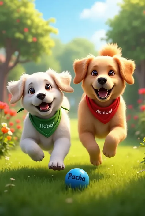 un golden retriever blanc qui court dans un jardin avec un bandana autour du coup qui est vert, il court avec une petite balla bleu où il y a marqué pacha dessus. il y a un autre golden retriever grand et vieux couleur gold qui est derrière pacha, il a un ...