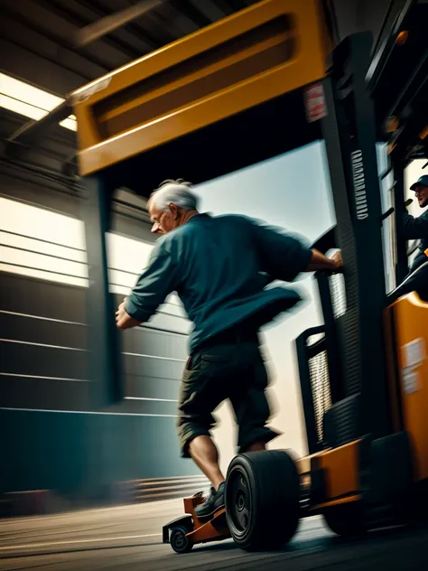 forklift and old man
 , ( soft focus , shallow focus , dim light) , tail slide blur , drift , cardrifting , tail light blur