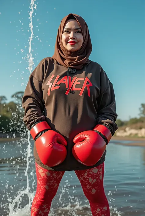 ((HIJAB INDONESIAN MALAY)), (WEARING BOXING GLOVES), ((SEMOK MONTOK EKSIB)), SPLASH WATER, ((Hide My Hand At My Back))、(((Hide Hands :2.8))), (Hijab:1.17), (1 Beautiful Fat Girl:1.54), Fat Indonesian Woman 、wearing a brown "Slayer" logo oversized sweater、(...