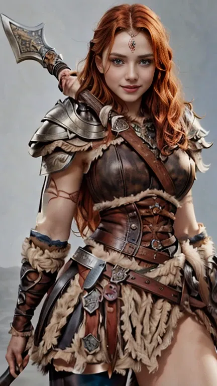 stunning detailed portrait of a strong female warrior, 1girl, huge breasts, red long hair, very long hair, holding two swords wi...