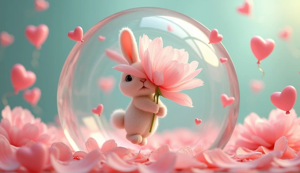 mini baby rabbit, holding one large peony flowers on top falling down from air, peony flower petals falling down, both things inside a gaint semi-circle clear crystal box, background heart shaped ballons on bottom ousude the box, realism style 