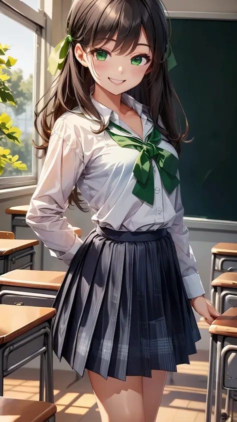 White shirt with green ribbon、Grey gingham check skirt、Messy blue medium-long hair、classroom、Landscape、Looking at this、smile、Best Quality, masterpiece, 8k、vivid、大きな胸, ジブリ風のカラー, 