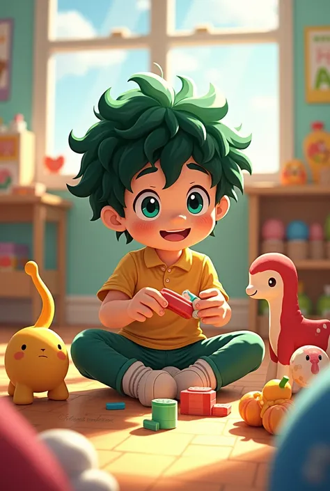 Izuku Midoriya plays with toys in kindergarten